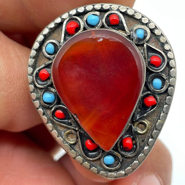 Bague Afghan Kuchi ancienne pierre Carnelian, Bague ancienne bijoux afghan Kuchi, bague vintage berbère, bague boho, bague femme ethnique