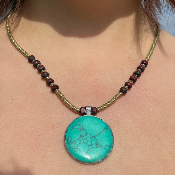 collier en turquoise avec perles bois  bijoux faits à la main en pierre turquoise avce bois , argent pour femmes, collier, turquoise, Feroza