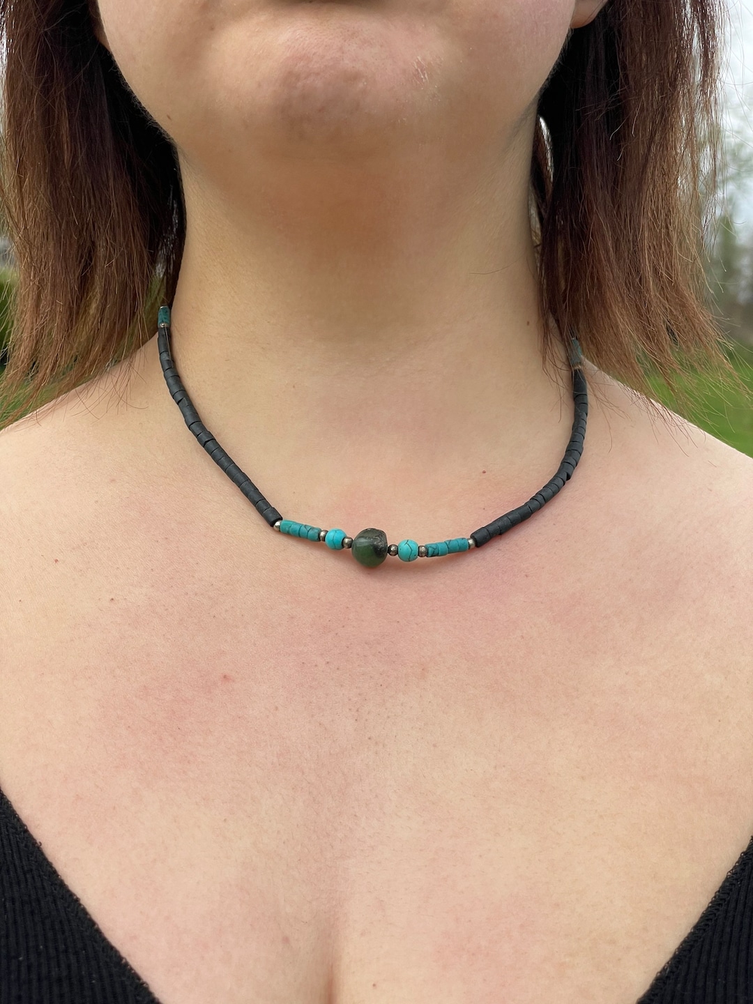 Collier Artisanal Original Avec Boucles - Création Unique En Plastique, Couleurs Miel Et Bleu, Neuf Sans Emballage