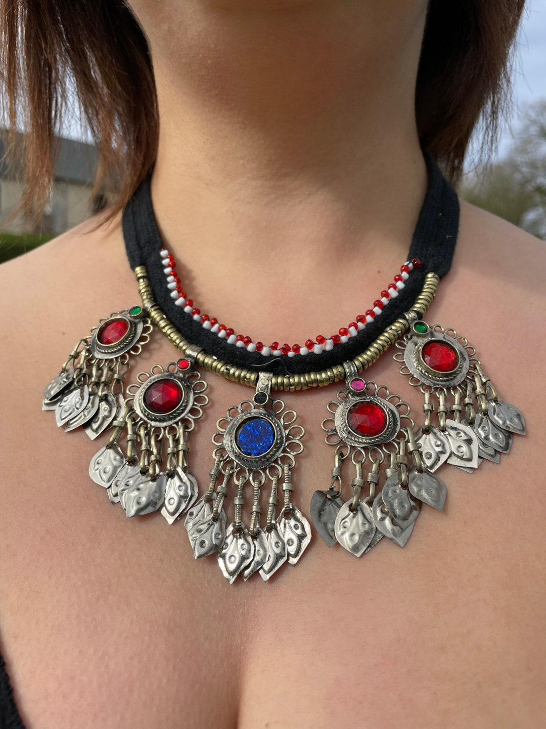 Collier Ethnique Kuchi D'Afghanistan Avec Pierre De Lapis Lazuli - Occasion