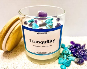 Amethyst Aquamarine Crystal Candle - Tranquility and healing. Made with soy wax & Essential Oils candle. Lavender and Cedar scented candle.