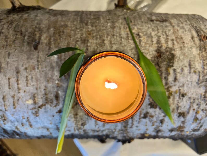 Pu&ograve; includere: Una candela accesa in un barattolo di vetro trasparente con un bordo marrone, appoggiata su un pezzo di corteccia d'albero con foglie verdi.