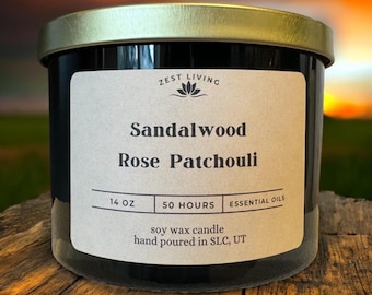 Sandalwood Rose Patchouli Soy Candle | Organic | Amber Jar | Sandalwood Candle | Rose Scented Candle | non-Toxic Soy Wax | Free Shipping