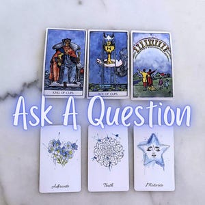 May include: Six tarot cards arranged in two rows with the text Ask A Question overlaid in the center. The top row features the King of Cups, Ace of Cups, and Ten of Cups. The bottom row displays three white cards labeled Advocate, Truth, and Motivate.