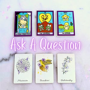 May include: Six rectangular tarot cards arranged in two rows. The top row features The High Priestess, The Lovers, and The Star with colorful cartoon characters. The bottom row shows cards labeled Macrocosm, Boundaries, and Understanding. Text reads Ask A Question.