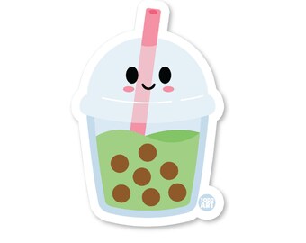 May include: A cartoon illustration of a green tea boba drink with a pink straw and a smiling face. The drink has brown boba pearls inside.