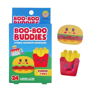 Pack of 24 Burger and Fries Shaped Self-Adhesive Cute Bandages - Sterile and Waterproof