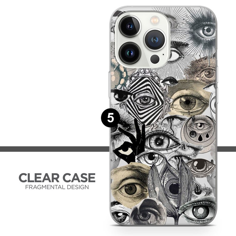 K&ouml;nnte beinhalten: Eine transparente Handyh&uuml;lle mit einem schwarz-wei&szlig;en Design aus vielen Augen. Das Design ist eine Collage aus verschiedenen Augenbildern, einige mit Spiralen und andere mit Tr&auml;nen.