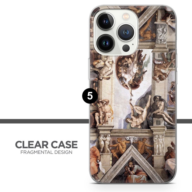 May include: A clear phone case with a fragmented design featuring a Renaissance-era painting of a scene from the Sistine Chapel. The painting depicts a group of figures in a heavenly setting, with a central figure reaching out to another figure.