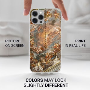 May include: A clear phone case with a colorful painting of a ceiling with angels and a bright light in the center. The case is designed for an iPhone with a triple camera lens.