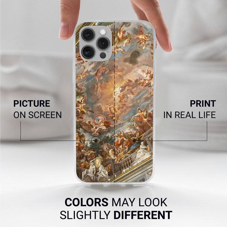 May include: A clear phone case with a colorful painting of a ceiling with angels and a bright light in the center. The case is designed for an iPhone with a triple camera lens.
