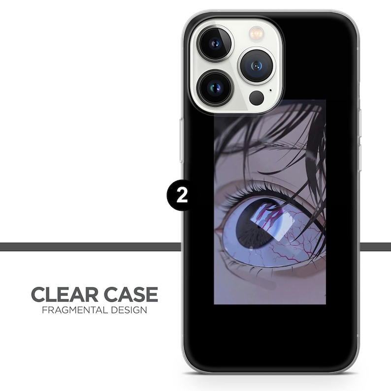 May include: A clear phone case with a black background and a close-up image of an eye with red veins. The text "CLEAR CASE FRAGMENTAL DESIGN" is printed on the case.