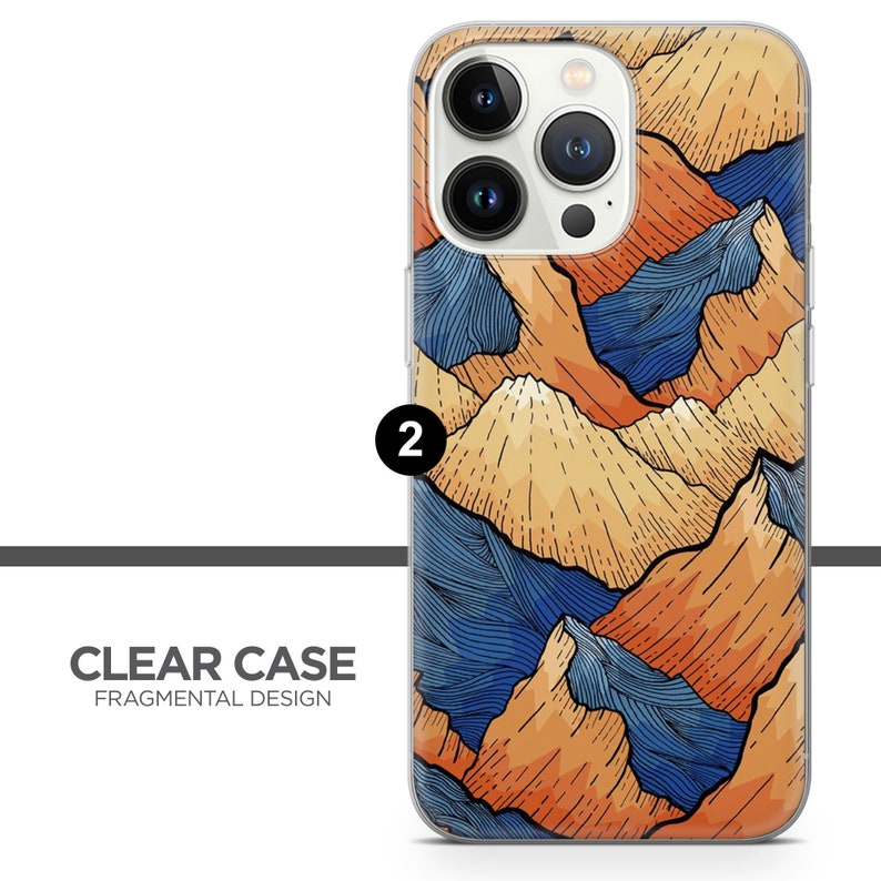 May include: A clear phone case with a colorful abstract design of mountains and waves. The design is in shades of blue, orange, and yellow.