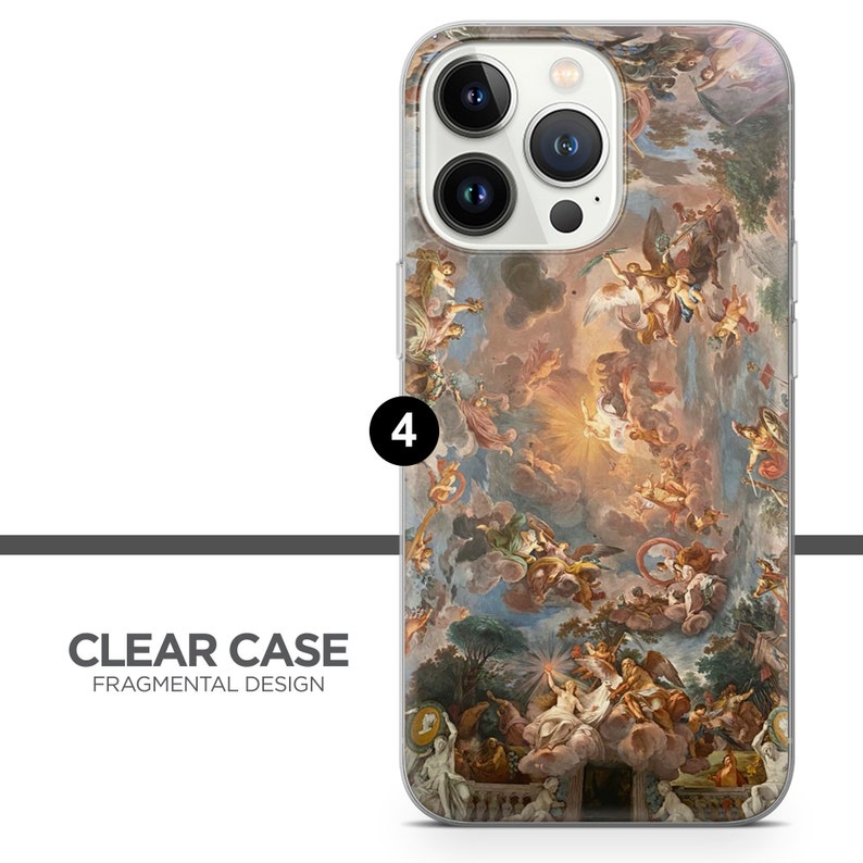 May include: A clear phone case with a colorful painting of a ceiling fresco featuring angels and clouds. The case is designed for an iPhone with a camera bump.