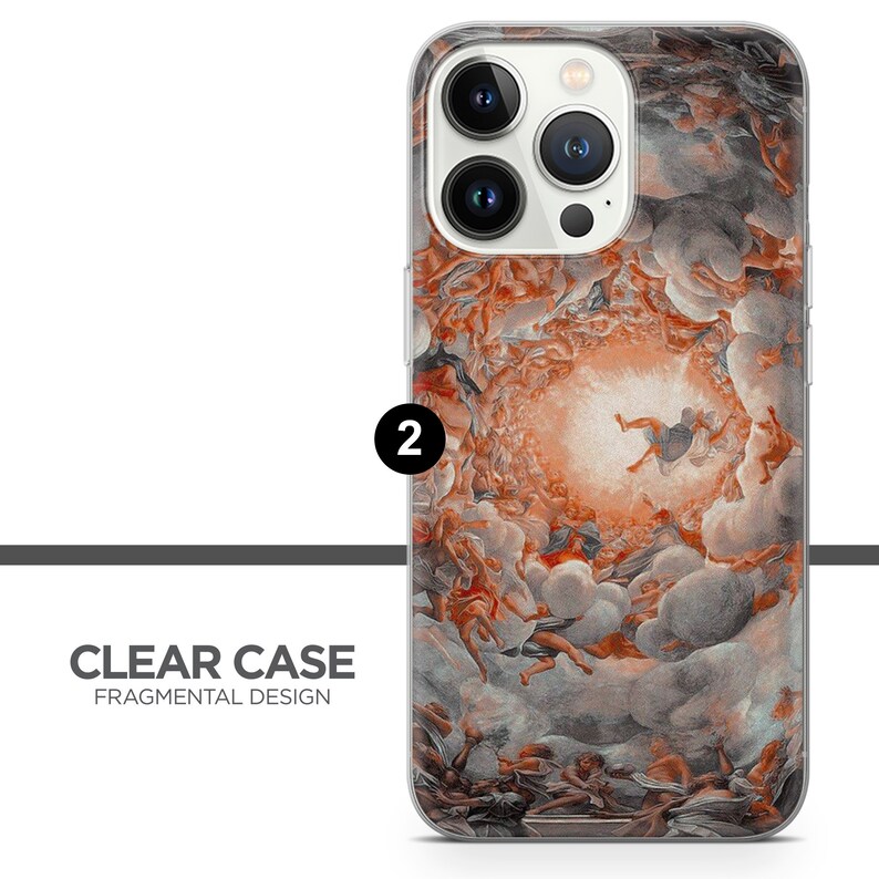 May include: A clear phone case with a colorful painting of a scene from a Renaissance painting. The painting features a group of people in the clouds with a bright light in the center. The case has a raised camera bump with three lenses.