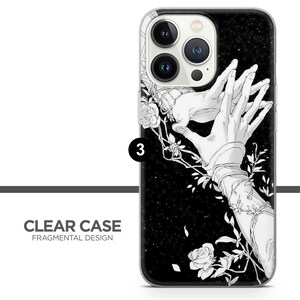 May include: A clear phone case with a black and white illustration of two hands intertwined with vines and flowers. The background is a black starry sky.