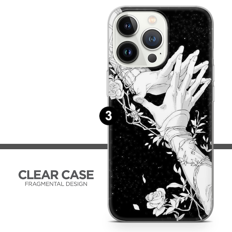 May include: A clear phone case with a black and white illustration of two hands intertwined with vines and flowers. The background is a black starry sky.