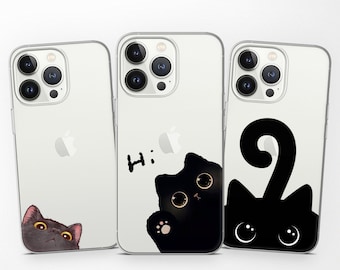 Cute Curious Black Cat Phone Case Clear Cover for iPhone 16, 15, 14, 13 12 11 Pro, XR, Fits Samsung S24, S23, S22,A72,A52,A15 Pixel 6a,8A, 9