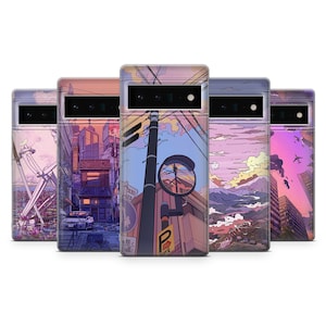 May include: Five different phone cases with various cityscapes and a pink and purple color scheme. The cases feature a variety of designs, including a cityscape with a streetlight and a mirror, a mountain range with a sunset, and a cityscape with a plane flying overhead.