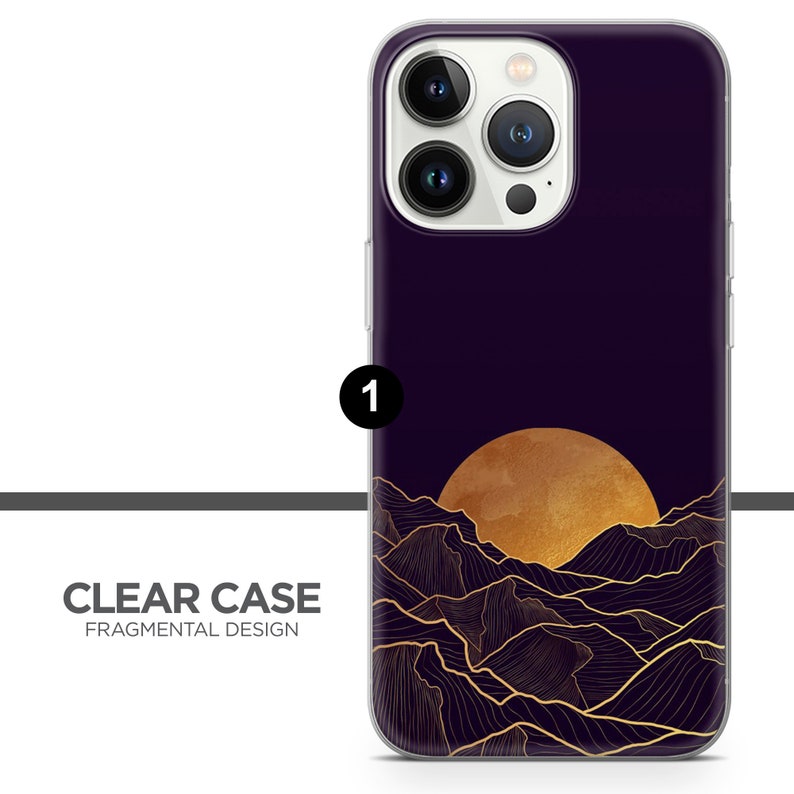 May include: A clear phone case with a design of a gold moon and mountains on a dark purple background.