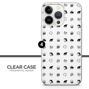 May include: A clear phone case with a white background and a repeating pattern of black and white cartoon characters. The case is designed for an iPhone 14 Pro Max.
