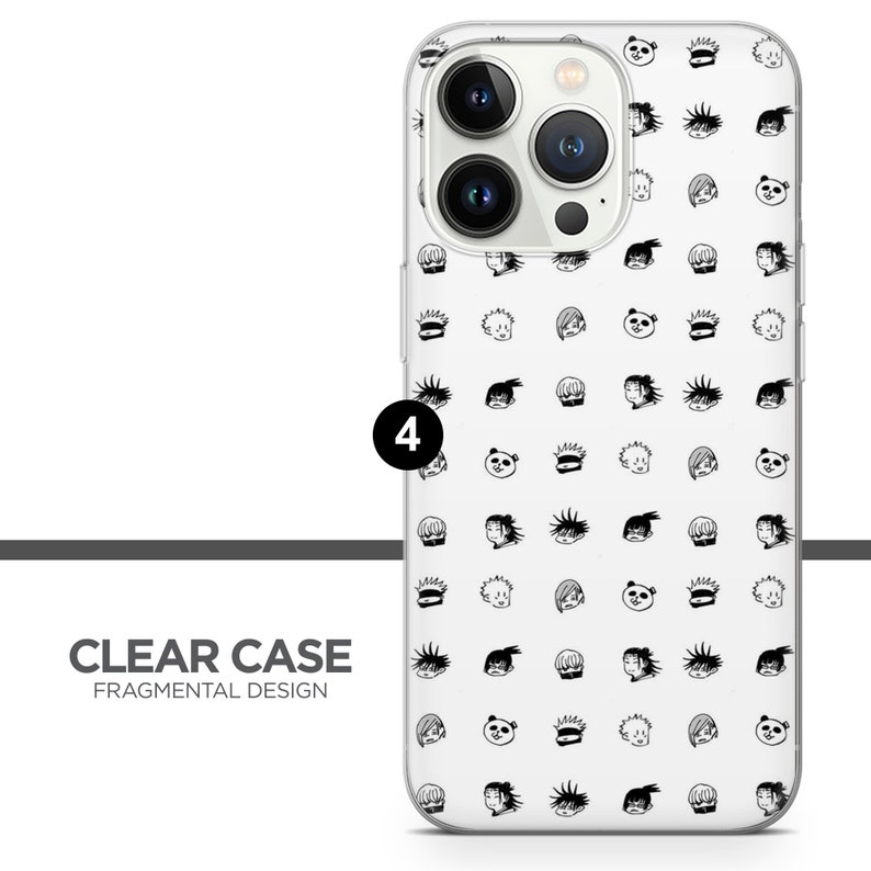 May include: A clear phone case with a white background and a repeating pattern of black and white cartoon characters. The case is designed for an iPhone 14 Pro Max.
