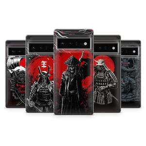May include: Five different phone cases with a black background and a red circle. Each case features a different samurai warrior with a sword. The samurai warriors are in black and white.