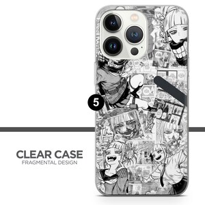 May include: A clear phone case with a black and white fragmented design featuring a character from the anime My Hero Academia. The character is shown in various poses and expressions, with text from the manga panels surrounding them.