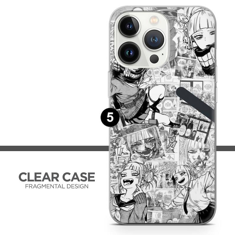 May include: A clear phone case with a black and white fragmented design featuring a character from the anime My Hero Academia. The character is shown in various poses and expressions, with text from the manga panels surrounding them.
