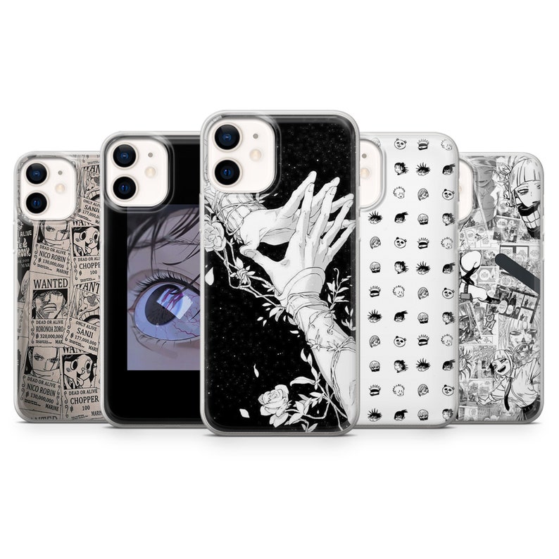 May include: Four different phone cases with various designs. The first case features a black and white manga-style illustration of a hand reaching out from a vine. The second case has a black and white illustration of a large eye. The third case has a repeating pattern of black and white manga-style faces. The fourth case has a black and white manga-style illustration of a scene with multiple characters.