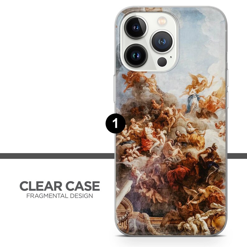 May include: A clear phone case with a colorful painting of a group of people in a sky with clouds. The painting is in a Renaissance style.