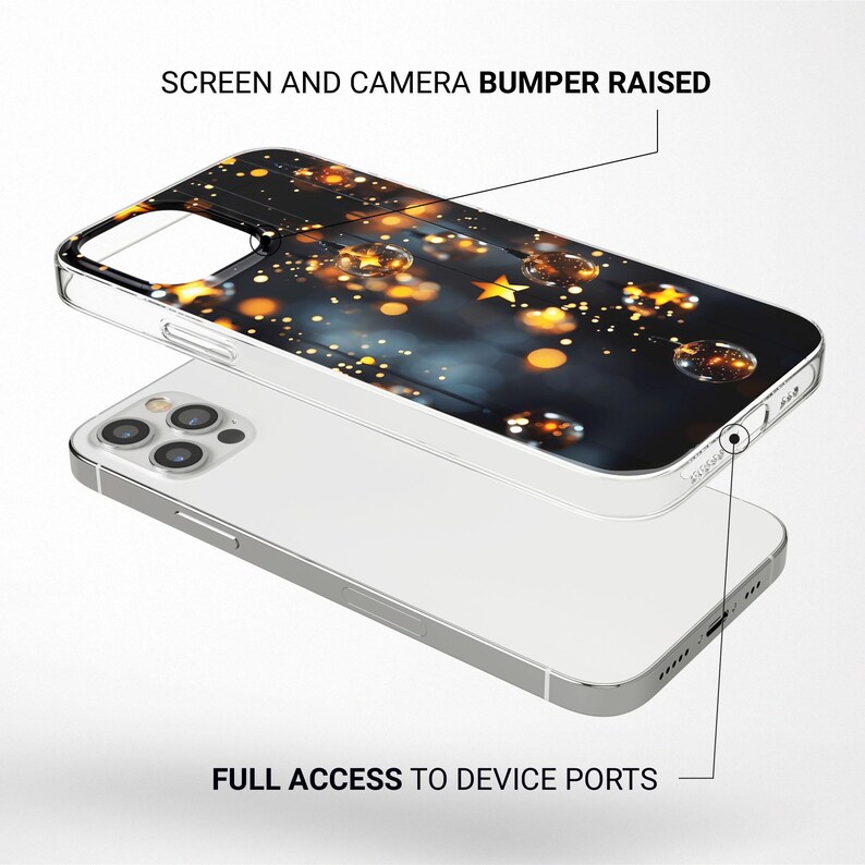 May include: A clear phone case with a raised camera bumper and a design of gold stars and lights on a dark blue background. The case is shown on a white phone.