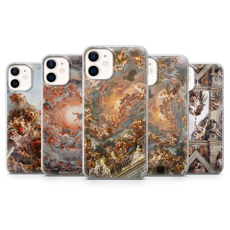 May include: Set of five clear phone cases with different Renaissance-era paintings printed on the back. The paintings feature scenes of angels, clouds, and a bright light.