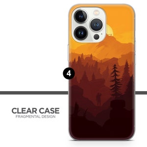 May include: A clear phone case with a sunset and mountain landscape design. The case features a silhouette of a mountain range with a sun setting behind it. The colors are orange, yellow, and brown.