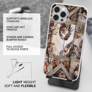 May include: A clear phone case with a raised camera bumper and a printed image of a Renaissance-era fresco. The case is compatible with wireless charging and has full access to device ports. The case is lightweight and flexible.