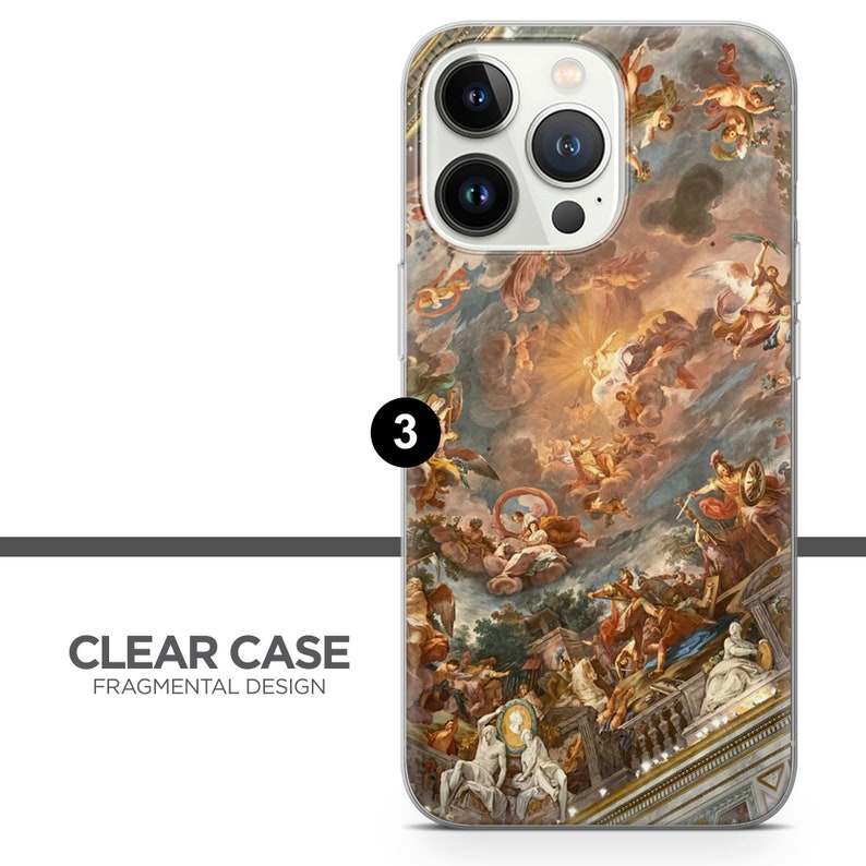 May include: A clear phone case with a colorful painting of a ceiling with angels and a bright light in the center. The case is designed for an iPhone with a camera bump.
