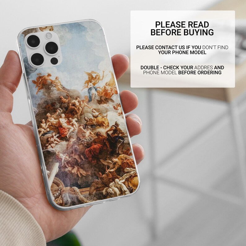 May include: A clear phone case with a colorful painting of angels and clouds. The case is designed for an iPhone with a triple camera lens.