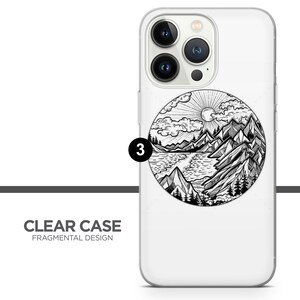 May include: A clear phone case with a black and white illustration of a mountain landscape with a lake and sun. The illustration is in a circle with the number 3 on the left side of the circle. The text "CLEAR CASE FRAGMENTAL DESIGN" is at the bottom of the image.