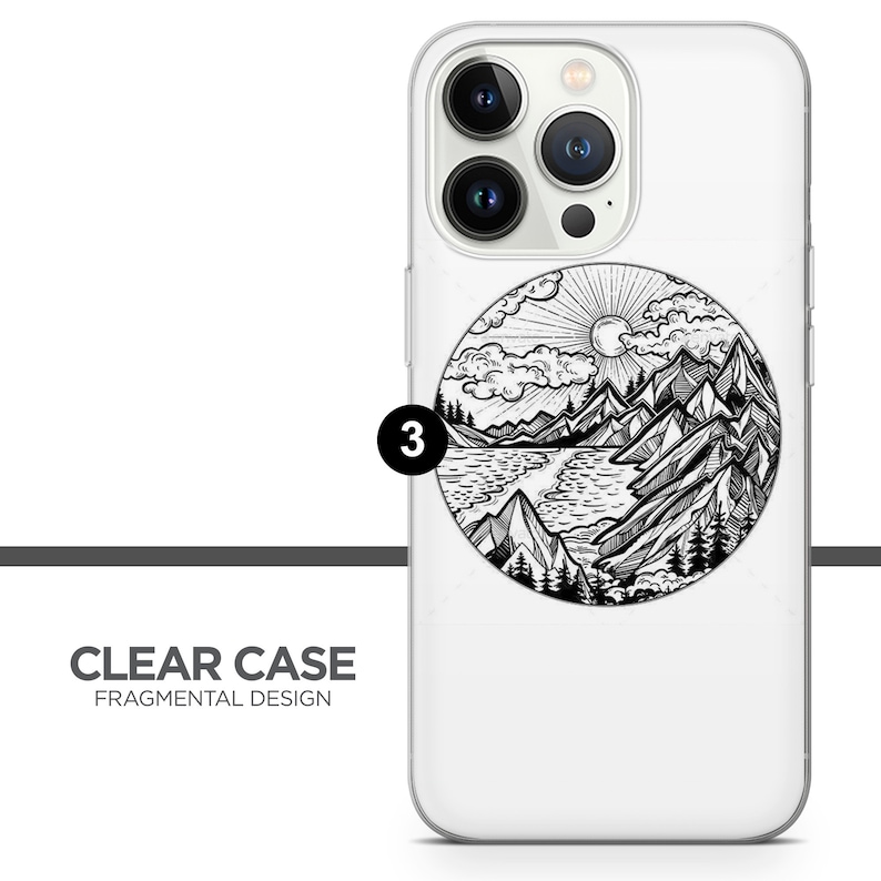 May include: A clear phone case with a black and white illustration of a mountain landscape with a lake and sun. The illustration is in a circle with the number 3 on the left side of the circle. The text "CLEAR CASE FRAGMENTAL DESIGN" is at the bottom of the image.