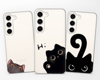 Cute Curious Black Cat case Clear Cover fits Samsung S25 Ultra S24 Plus S23 S22 S21 S20 FE for Samsung A73 A72 A54 53 A52s A34 A15 A14 A13