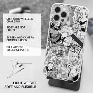 May include: A clear phone case with a black and white anime character design. The case has a raised bumper to protect the screen and camera. It supports wireless charging and has full access to device ports. The case is lightweight and flexible.