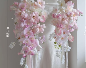 Pink Orchid Bridal Bouquet, Real Touch Phalaenopsis Teardrop with Lily of the Valley