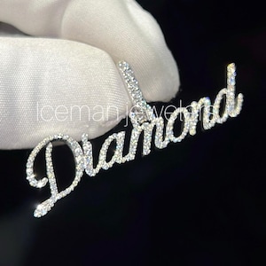 10K Gold Natural Diamond Name Necklace, Personalized Pendant Necklace, Bling Name Necklace, Script Name Iced Out Jewelry, Gift For Him Her