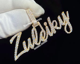 10K Gold Lab Grown Diamond Name Necklace, Personalized Pendant Necklace, Bling Name Necklace, Script Name Iced Out Jewelry, Gift For Him Her