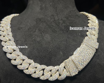 16mm MOSAIC Setting VVS1 Moissanite Diamond Cuban Link Chain Men's Bustdown Miami Cuban Chain 925 Solid Silver Cuba Link Necklace For Unisex