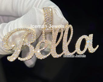 10K Gold Lab grown Diamond Name Necklace, Personalized Pendant Necklace, Bling Name Necklace, Script Name Iced Out Jewelry, Gift For Him Her