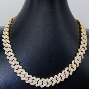Łańcuch kubański ze srebra próby 925, ogniwo kubańskie z moissanitem i diamentami, 14 mm łańcuszek z moissanitem i diamentami dla mężczyzn, łańcuszek damski