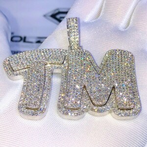 Colgante de letra inicial de Hip Hop "TM" personalizado, VVS Moissanite 925 Plata helada, collar de letras del alfabeto personalizado, regalo para él