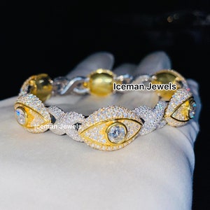 Fully Iced out 20.10 CT Evil Eye Moissanite Bracelet 925 Sterling Silver VVS Bracelet Iced out Cuban link Bracelet Christmas Gift for Him