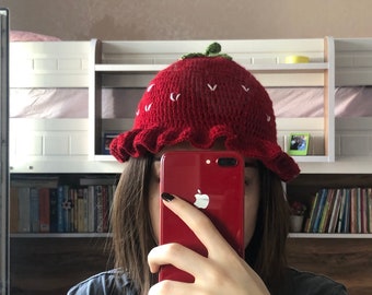 Red Strawberry Hat- For Child- Knitted Strawberry Hat - Strawberry Hat